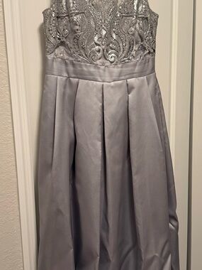 Eliza J Silver-Silver Satin Evening Dress with Lace